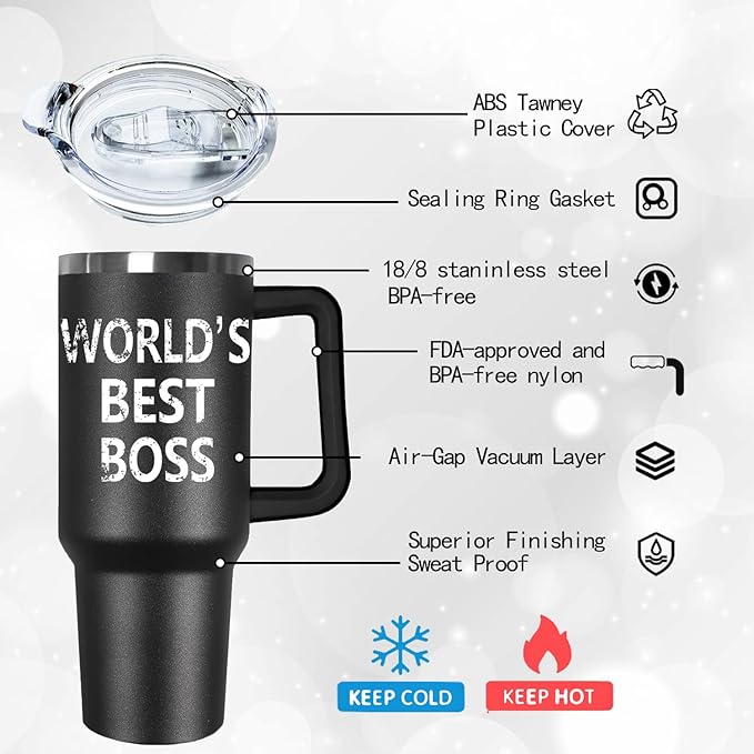 Ceovfoi 40 oz Boss Tumbler for Men - Stainless Steel Insulated Mug with Handle, Lid & Straw, Boss Office Supplies, Perfect Father’s Day/Birthday/Christmas Gifts for Dad, Grandpa, Husband - Bloomnest