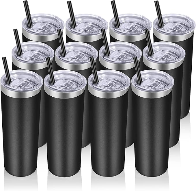 VEGOND Stainless Steel Skinny Tumblers Bulk 12 Pack, 20 oz Vacuum Insulated Tumblers with Lids and Straws, Double Wall Coffee Mug, Travel Water Cup, Matte Black - Bloomnest