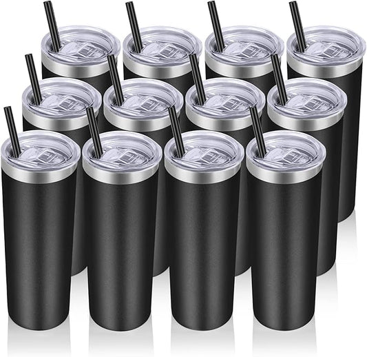 VEGOND Stainless Steel Skinny Tumblers Bulk 12 Pack, 20 oz Vacuum Insulated Tumblers with Lids and Straws, Double Wall Coffee Mug, Travel Water Cup, Matte Black - Bloomnest