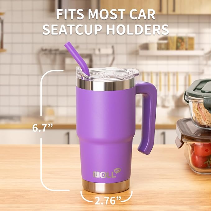 Kids 16 oz Tumbler with Handle-Stainless Steel Double Wall Vacuum Insulated Water Cup with Lid and Straw, Leak Proof- BPA Free, Purple - Bloomnest