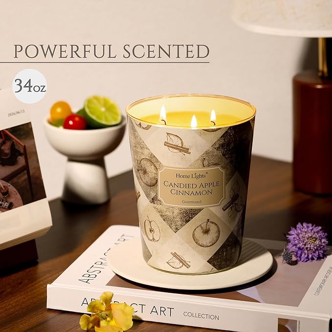 HomeLights 3-Wick Candles for Home Scented - 34oz Soy Wax Blend Candle Long-Lasting Fragrance, Rustic Modern Home Decor and Housewarming Gifts, Candied Apple Cinnamon - Bloomnest
