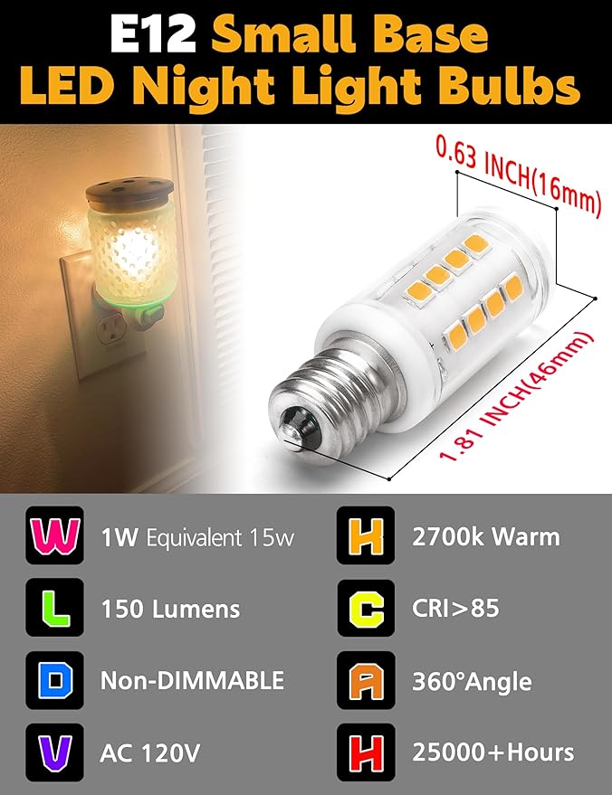 E12 C7 Small Base LED Night Light Bulbs, 7W&15W Incandescent Equivalent, 1W 120V 150LM Non-Dimmable 2700K Warm White LED Salt Lamp Bulbs for Dryer, Fridge, Decorations, 10 Pack - Bloomnest