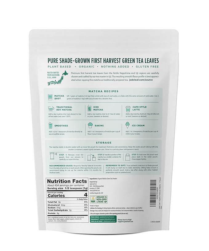 Jade Leaf Matcha Organic Premium Ceremonial Grade Matcha Green Tea Powder - Japanese - Culinary, Ingredient, Ceremonial Barista Teahouse, Latte, Collagen, 16 Ounce (Pack of 1), Ceremonial Teahouse - Bloomnest