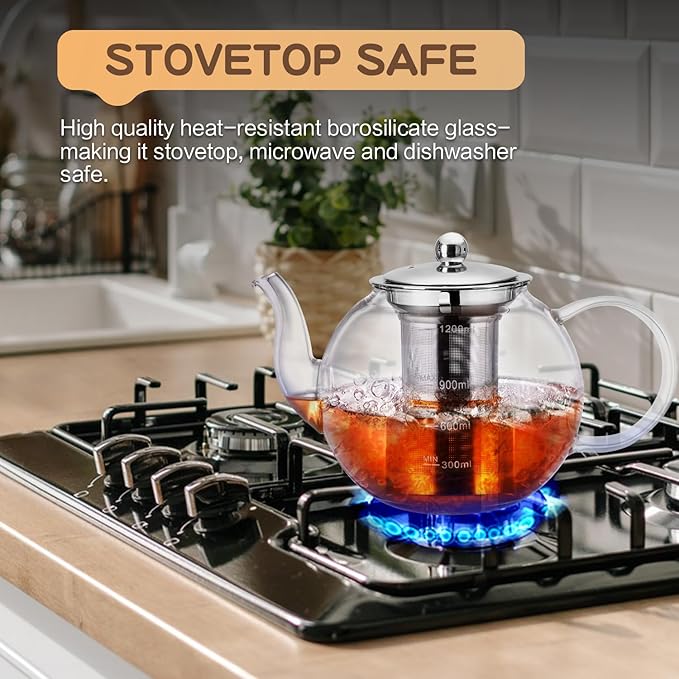 Glass Teapot, Zpose 40oz/1200ml Tea Pot with Removable Stainless Steel Infuser, Clear Glass Tea Kettle with Scale Line, Stovetop Safe Teapot for Blooming Tea & Loose Leaf Tea, Gift Box for Tea Maker - Bloomnest