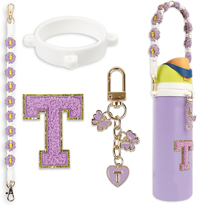 Compatible with Owala Water Bottle Accessories, Cute Letter Charm Set with Boho Handle Strap, Monogram Sticker, Silicone Ring, Keychain Decoration, for FreeSip 24 32 40oz, Owala Kids, Tumbler Gift SITKOL