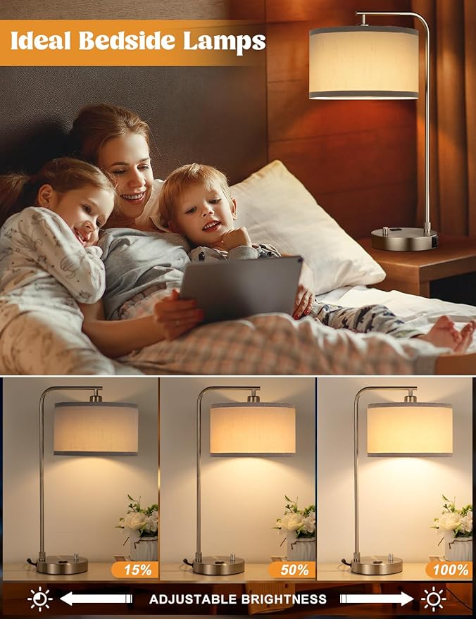 Gray Side Table Lamp with USB Port and Outlet, Dimmable Nightstand Bedside Lamps with Linen Lampshade, Desk Lamp for Bedroom, Living Room, Guest Room, Home Office, LED Bulb Included - Bloomnest