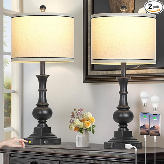 Farmhouse Lamps Set of 2, Antique Vintage Rustic Touch Control Table Lamps with USB A+C Ports & AC Outlet, Retro Classic Bedside Nightstand Lamp for Living Room Bedroom Office Black - Bloomnest