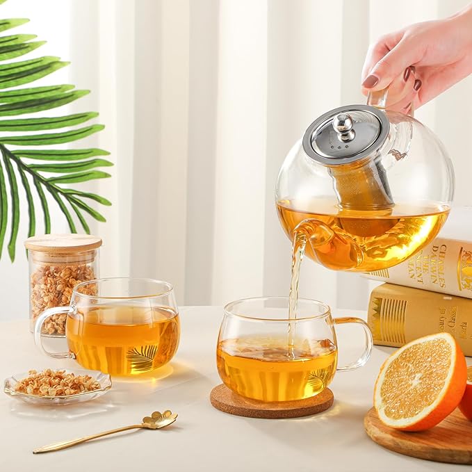 50OZ/1500ML Glass Teapot Set with 4 Teacups & Removable Stainless Steel Infuser, Stovetop & Microwave Safe Clear Tea Maker Water Kettle with 12OZ/360ML Tea Cups for Loose Leaf Blooming Tea - Bloomnest