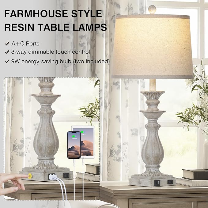 28" Farmhouse Table Lamps for Living Room Set of 2, 3-Way Dimmable Touch Bedside Lamps with USB C+A Ports & AC Outlet, Resin Vintage Tall Nightstand Lamps for Bedroom Office End Table, Grey - Bloomnest