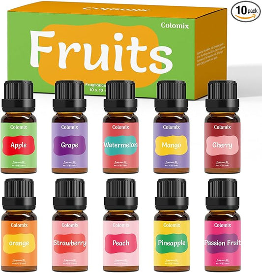 Fruity Fragrance Oil Set, 10x10ml, Colomix Essential Oils for Diffusers for Home, Fruit Diffuser Oil Scents, Fragrance Oil for Candle Soap Making, Orange, Apple, Strawberry & More - Bloomnest