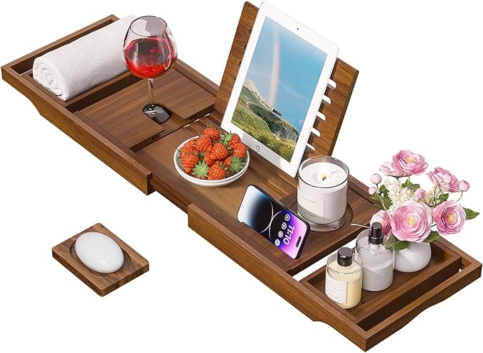 Wooden Bathtub Tray for Luxury Bathroom, Expandable Premium Teak Bath Tray, Adjustable Bath Accessories for Tub, as Unique Housewarming, Holiday, Birthday Gifts - Bloomnest