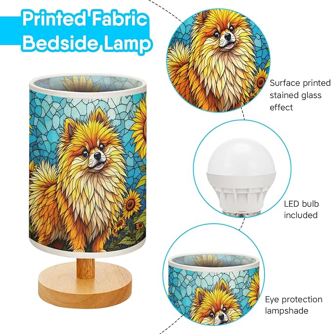 Pomeranian Table Lamp LED 3-Color Pressed Bedside, Dog Shade Lamp with Wood Base for Bedroom Living Room Desk Office - Bloomnest