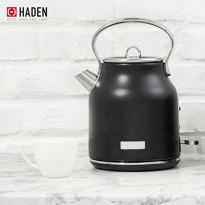HADEN Heritage 1.7 Liter Stainless Steel Electric Kettle, Hot Water Kettle with 360-Degree Base and Auto Shutoff, Black & Chrome - Bloomnest