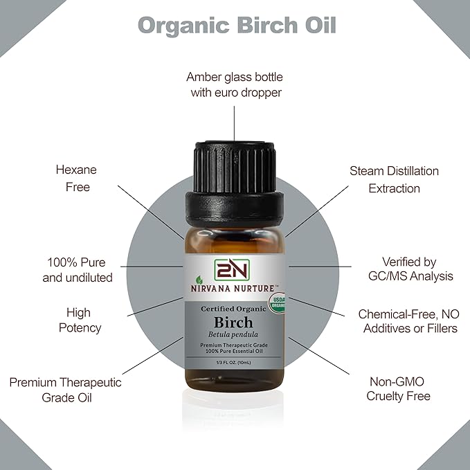 Birch Essential Oil, USDA Certified Organic, 100% Pure Undiluted, Aromatherapy Oil for Diffuser, Hair & Skin Care NirvanaNurture