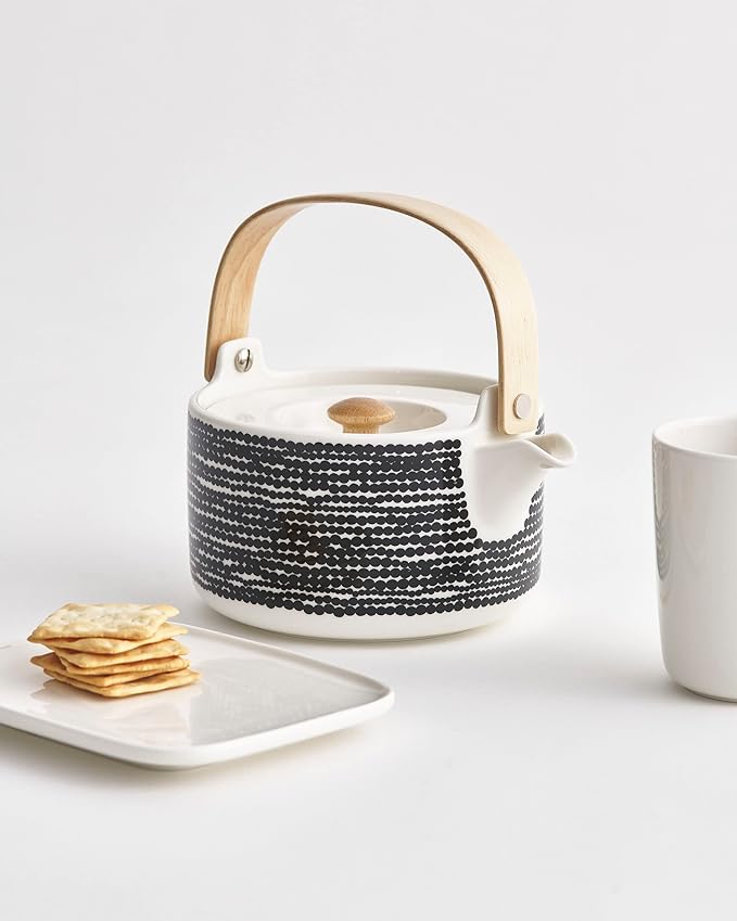 MARIMEKKO Oiva Räsymatto Stoneware Teapot — Refine Your Kitchen Décor with Our Iconic Black & White Stoneware — Stylish Ceramic Teapot with Tea Infuser Lid (26.63 oz) - Bloomnest