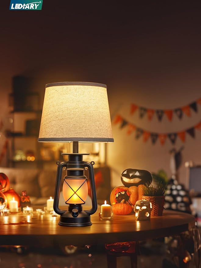 LEDIARY 18.72" Black LED Lantern Flickering Flame Table Lamps for Bedrooms Set of 2, Small Farmhouse Rustic End Table Lamps, Halloween Decorative Lantern Bedside Lamps for Living Room - Bloomnest