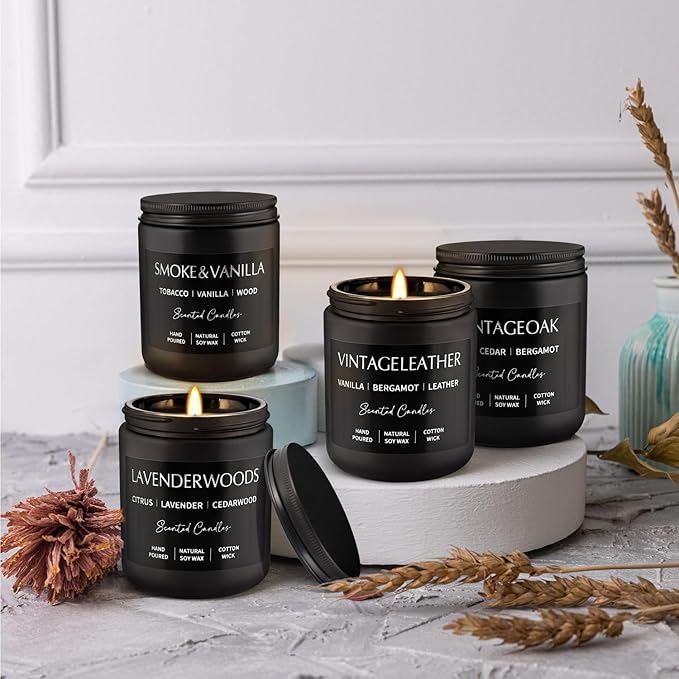 4Psc Scented Candles Set,7oz Gifts for Men Aromatherapy,Soy Candle of Smokeless - Leather & Smoke, Vanilla Oakmoss, Lavender - Relaxing Fragrance for Home, Office, Yoga(Black) - Bloomnest