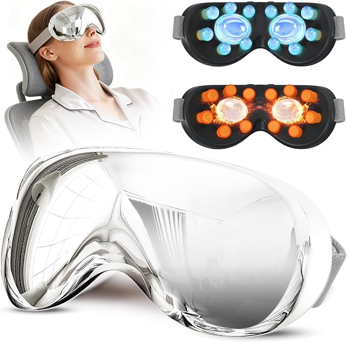 Eye Massager with Heat and Cooling for Migraines – 14 Massage Nodes for Eye Strain Relief, Rechargeable Bluetooth Music, Improve Sleep,Eye Strain Relief, Birthday Gifts for Women and Men(sliver) Bloomnest