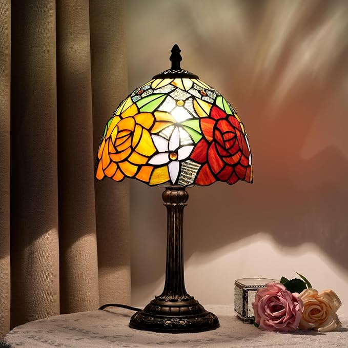 8 Inch Tiffany Stained Glass Lamp, Red And Orange Rose Flower Design, Victorian Vintage Style Bedside Lamp, Suitable For Bedroom Dining Room Office Hotel And Other Home Decoration (Gorgeous Rose) - Bloomnest