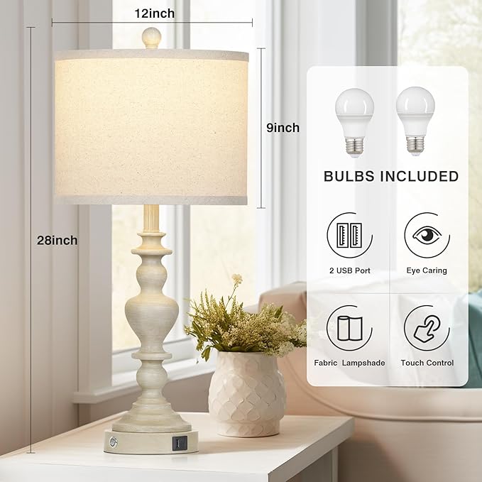 27" Farmhouse Lamps Set of 2 with USB C+A Charging Ports, Vintage Rustic Touch Control Table Lamp for Living Room, 3-Way Dimmable Traditional Nightstand Bedside Lamp for Bedroom Resin Washed Beige - Bloomnest