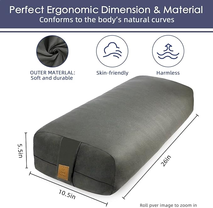 Yoga Bolster (26x10.5x5.5 in) Supportive Yoga Cushion for Restorative Yin Yoga Accessories Rectangular Bolster for Stretching Meditation Pillow 100% Organic Cotton Removable Washable Cover - Bloomnest
