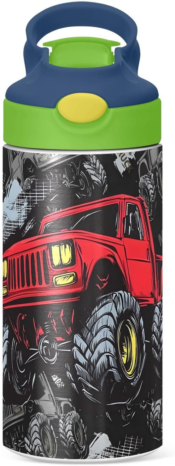 Monster Truck Red Kids Water Bottle with Straw Lid Insulated Tumbler with Handle Stainless Steel Reusable Toddlers Cup for Kids Boys 12 oz - Bloomnest