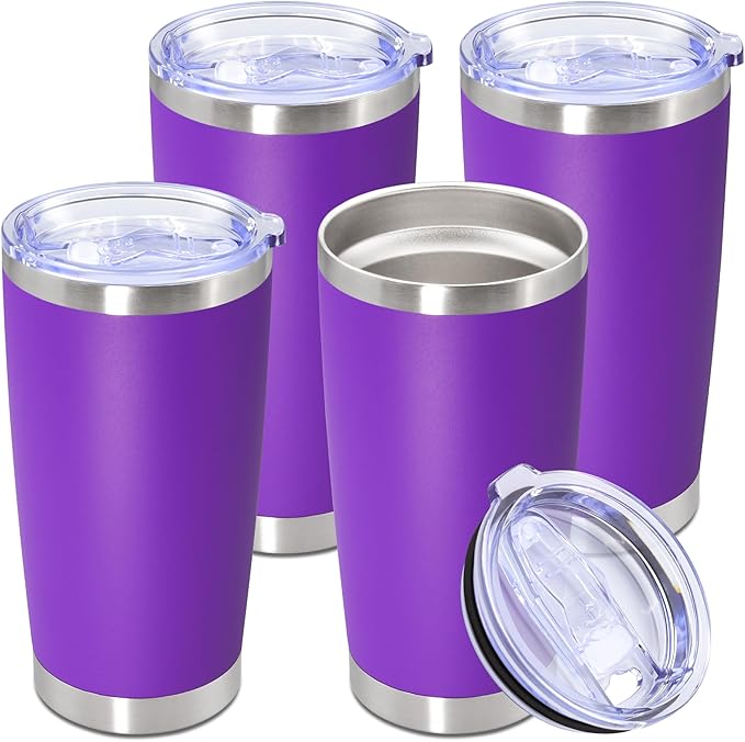 20oz Tumbler Stainless Steel Tumbler Cup with Lid Vacuum Insulated Double Wall Travel Mug, Durable Powder Coated Travel Coffee Tumbler Mug for Hot & Cold Drinks, Purple,4 Pack