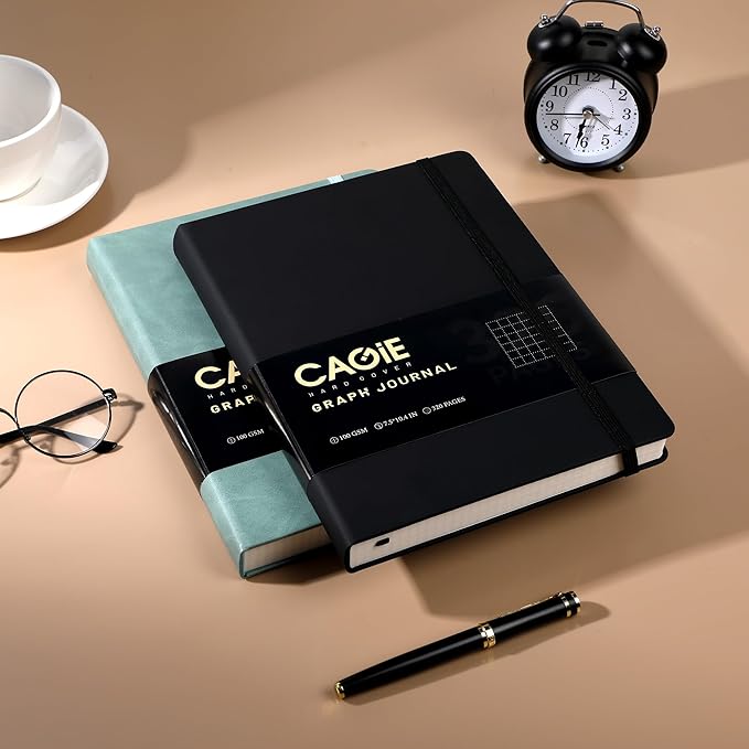 CAGIE Graph Notebook 320 Pages 100 GSM Paper Graphing Grid Journal B5 Hardcover Leather Quad Ruled Notebooks for Engineering, Math, Work, Black - Bloomnest