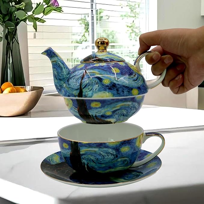Porcelain 13 OZ Tea for One Teapot and Cup Set Vintage Floral Ceramic Tea Set European Style Tea pot and Saucer Set (Starry Sky) - Bloomnest