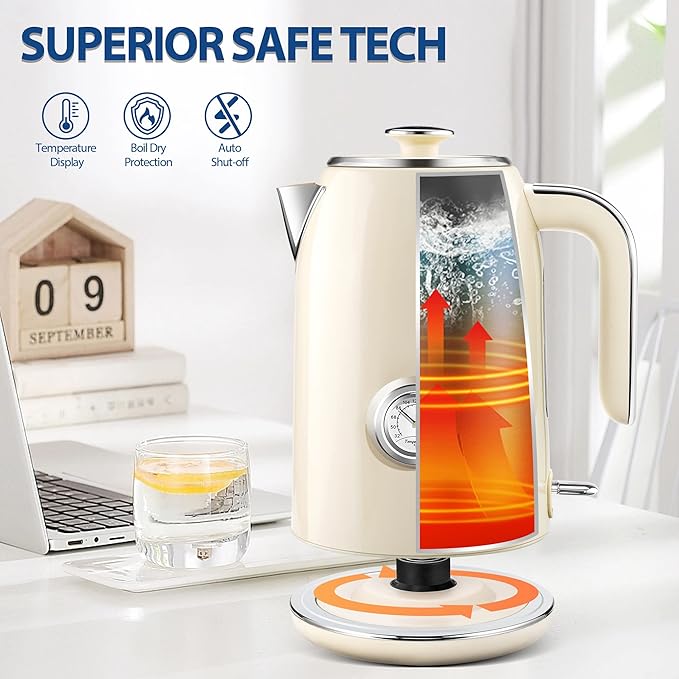 PUKOMC Electric Kettle, 1.7L Stainless Steel Tea Kettle with Temperature Gauge, 1500W Water Boiler with LED Light, BPA-Free, Auto Shut-Off and Boil-Dry Protection (Beige) Visit the Pukomc Store - Bloomnest