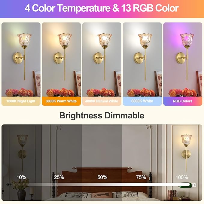2 Pack Battery Operated Wall Sconce with Amber Glass Lampshade, Mid Century Bathroom Vanity, Wireless Rechargeable RGB Wall Light with Remote Control, for Bedroom Mirror Living Room - Bloomnest