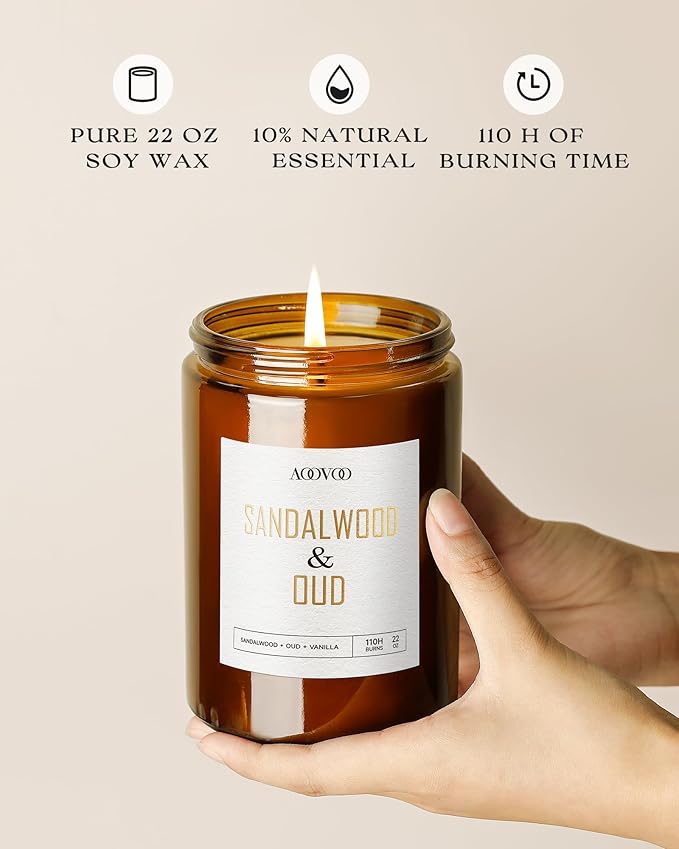 AOOVOO Sandalwood Oud Candle - Large Scented Candles 22oz, Soy Candles, Aromatherapy Candle, Soy Wax Candle - Bloomnest