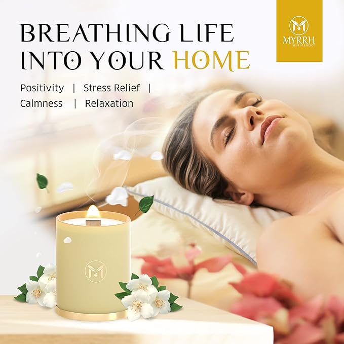 MyrrhUSA Arabian Jasmine Scented Candle – 15oz Natural Soy Wax with Crackling Wooden Wick & Essential Oil | 80 Hour Burn | Luxury Aromatherapy Candle for Relaxation, Home Décor, Living Room & Bathroom - Bloomnest