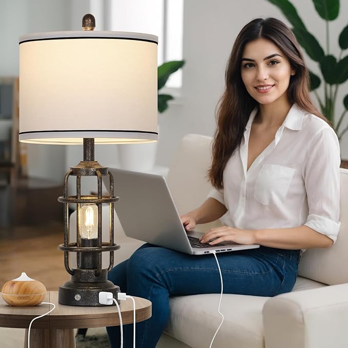 26" Vintage Industrial Table Lamps Set of 2, Farmhouse 3 Way Dimmable Touch Control LED Night Lights Table Lamp with USB A+C Ports & AC Outlet, Rustic Retro Beside Nightstand Lamp for Bedrooms Bronze - Bloomnest