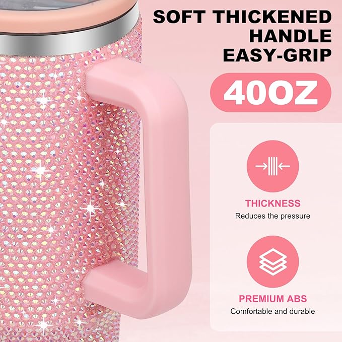 40 oz Tumbler with Handle and Flip Straw Lid, Insulated Leak Proof Double Walled Stainless Steel Rhinestone Diamond Studded Bling Travel Mug Tumblers, Maintains Cold Ice and Heat for Hours - Bloomnest