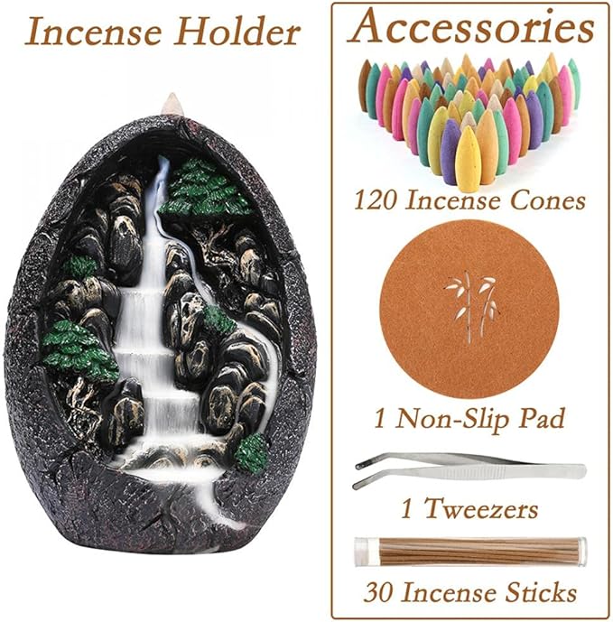 Backflow Incense Holder Resin Mountain Incense Burner Fountain Waterfall Incense Holders Home Decor with 120 Pcs Backflow Incense Cones 30 Pcs Incense Sticks (Waterfall) - Bloomnest