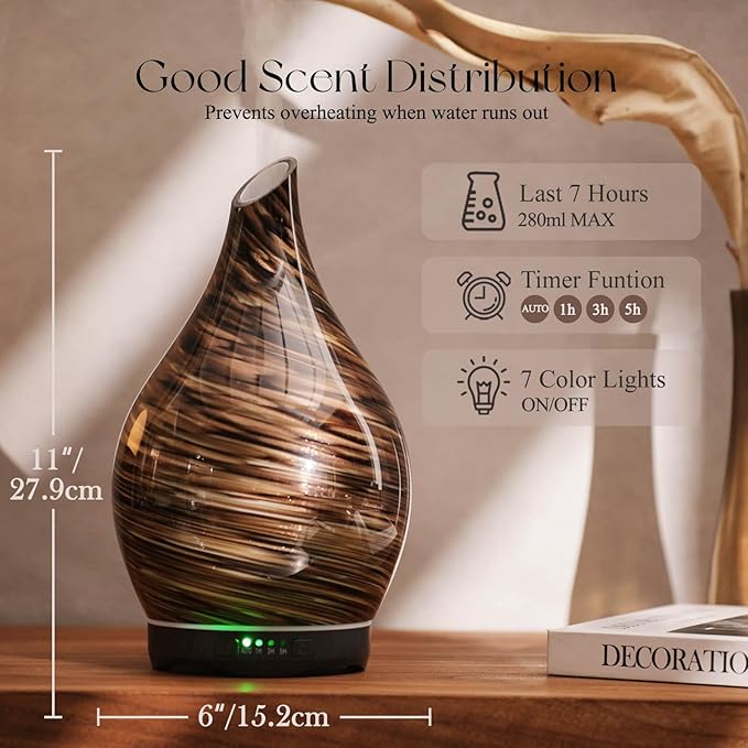 Porseme 280ml Essential Oil Diffuser Glass Color Changing Aroma Air Diffusers Aromatherapy Ultrasonic Cool Mist Humidifier 7 Running Hours Waterless Auto-Off for Sleeping, Yoga, Office (Dark Golden) - Bloomnest