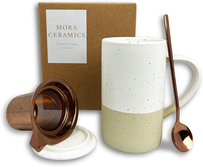 Mora Ceramics Tea Cup with Loose Leaf Infuser, Spoon and Lid, 12 oz, Microwave and Dishwasher Safe Coffee Mug - Rustic Matte Ceramic Glaze, Modern Herbal Tea Strainer - Great Gift for Women, Limestone - Bloomnest