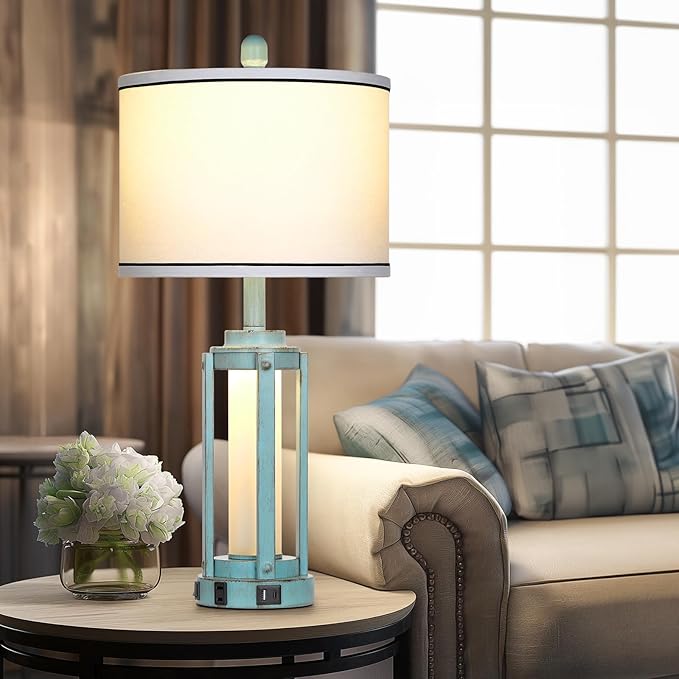 Farmhouse Lamps Set of 2, 26" Vintage Rustic Industrial Beside Lamps with USB A+C Charging Ports & AC Outlet, Nightstand Metal Lamp with LED Night Light & Fabric Shade for Living Room Bedrooms Blue - Bloomnest