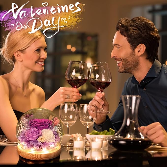 FIACO Valentines Day Gifts for Her Preserved Rose Forever Fresh Flowers for Delivery Birthday Flowers Gifts for Women Mom Grandma Wife Friends Purple Eternal Roses in Glass Dome - Bloomnest