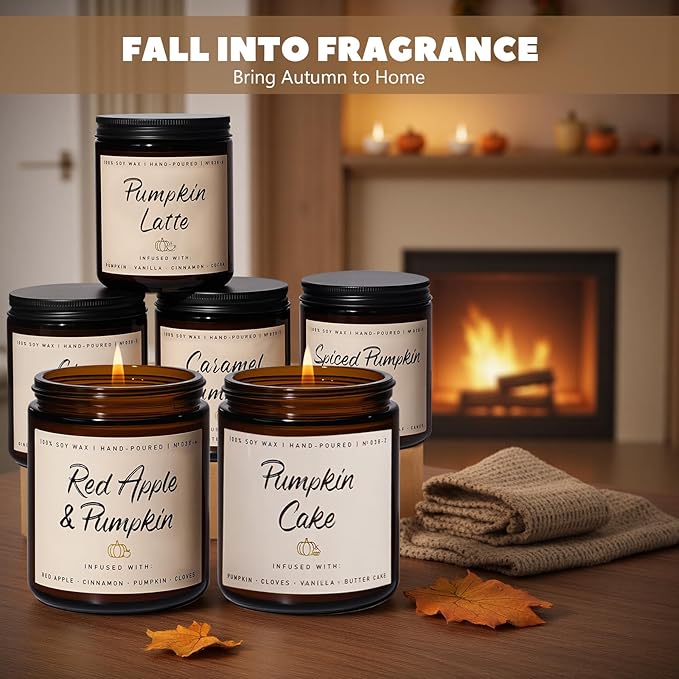 Auelife Fall Scented Candles - Pumpkin Candle Set of 6 | Ginger, Apple, Cake, Caramel, Latte & Spiced Pumpkin Soy Candles | Autumn Candle for Home Décor & Gifts for Women, Cozy Fall Aromatherapy - Bloomnest