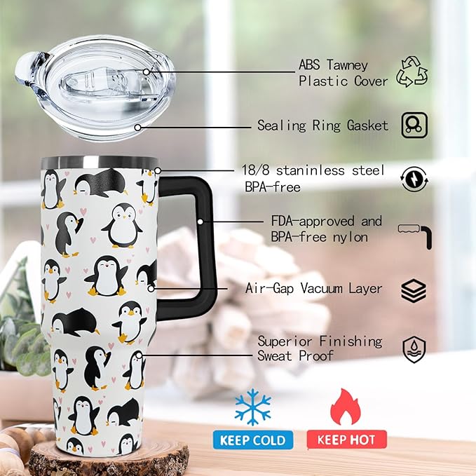 Ceovfoi 40 Oz Penguin Tumbler With Handle, Coffee Travel Mug Cup Water Bottle, Penguin Decor and Gifts for Women - Bloomnest