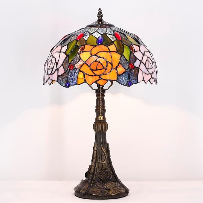 Tiffany Stained Glass Table Lamp 12X12X19 Inch Purple Orange Rose Flower Style Desk Bedroom Living Room Reading Light (Purple Orange Rose Flower) - Bloomnest