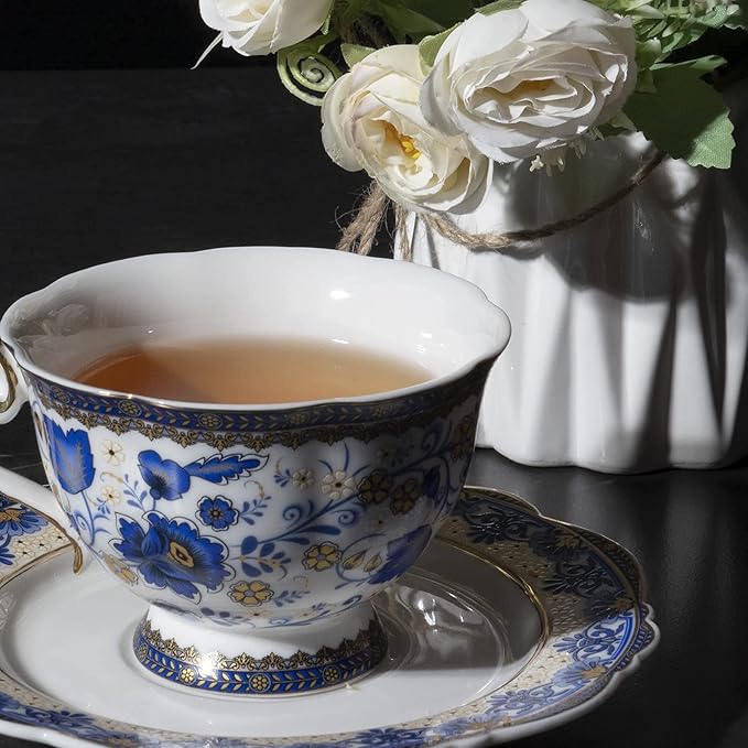 ACMLIFE Bone China Tea Cups and Saucers, 6.8 oz Tea Cup and Saucer Set, with Gold Trim and Gift Box, Blue and White (Blue-D) - Bloomnest