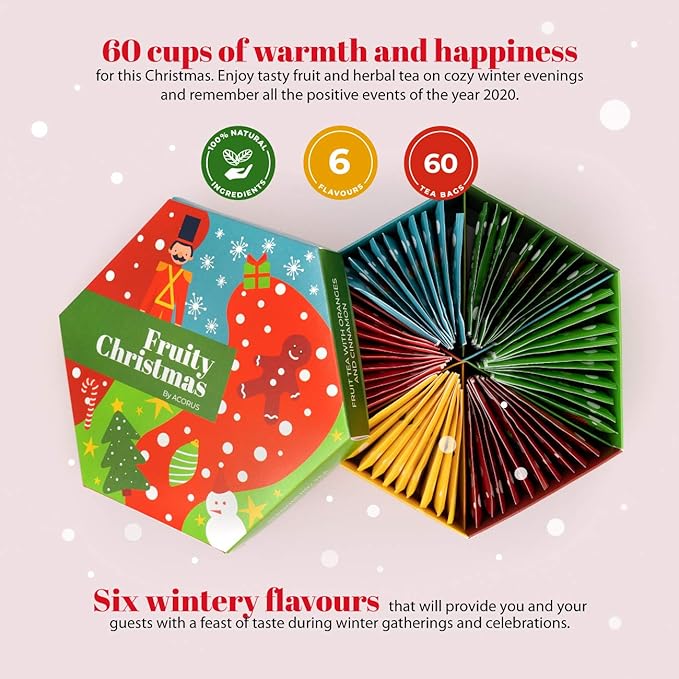 ACORUS Fruity Christmas Tea Set, Fruit Tea Gift Set, 60 Assorted Tea Bags Variety Pack, Fruit Tea Sampler, Specialty Tea Bags Individually Wrapped, Tea Gifts for Women, Men, Tea Lovers - Bloomnest