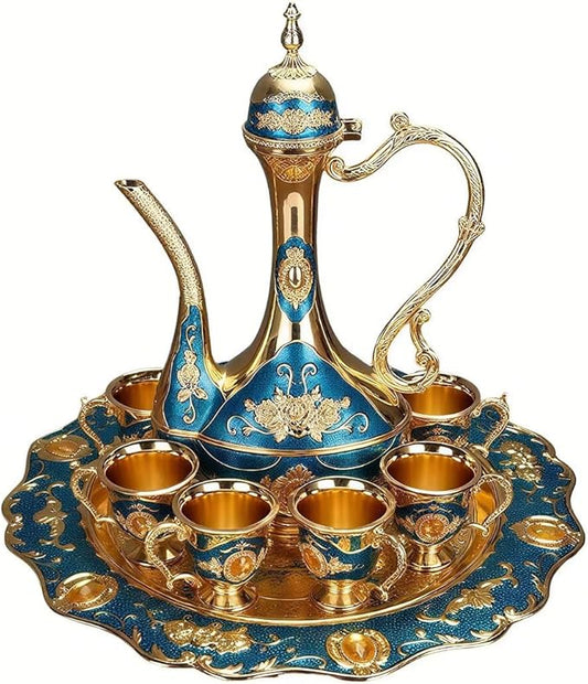 Large Vintage Turkish Coffee Pot Set Coffee Service Set Teapot Sets for Adults Home Party Decor Golden Blue