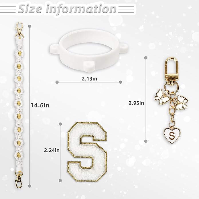 Compatible with Owala Water Bottle Accessories, Cute Letter Charm Set with Boho Handle Strap, Monogram Sticker, Silicone Ring, Keychain Decoration, for FreeSip 24 32 40oz, Owala Kids, Tumbler Gift SITKOL