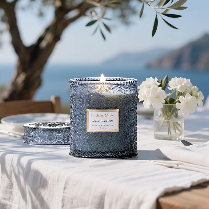 LA JOLIE MUSE Aegean Sea & Dune Candle –Cool Water, White Florals & Warm Amber | 19 oz Large Wooden Wick Candle | Natural Soy Wax | 90 Hours Clean Burn | Gift-Ready for Hosts & Gatherings - Bloomnest