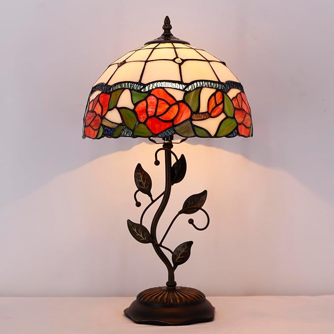 Tiffany Lamp Rose Flower Style Stained Glass Table Lamp Desk Bedside Reading Light 12X12X19 Inches with Metal Leaf Base Decor Bedroom Living Room - Bloomnest