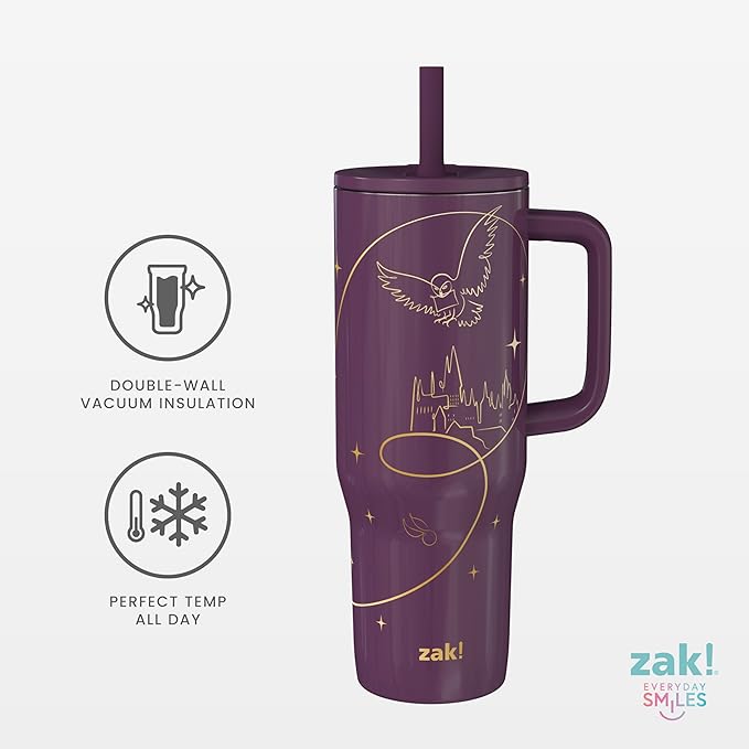 Zak Designs Harry Potter Sutton Travel Tumbler for On the Go, 30oz Stainless Steel with Vacuum Insulation, Silicone Straw, and Carry Handle for Cold Drinks (Hogwarts) - Bloomnest